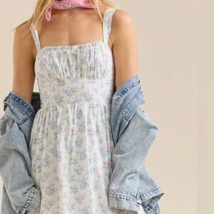 Altar'd State Cottage Core Mini Dress Size M White Blue Pink Floral Milkmaid NEW